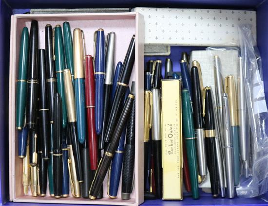 A large collection of post war Parker fountain pens, ball point pens and pencils